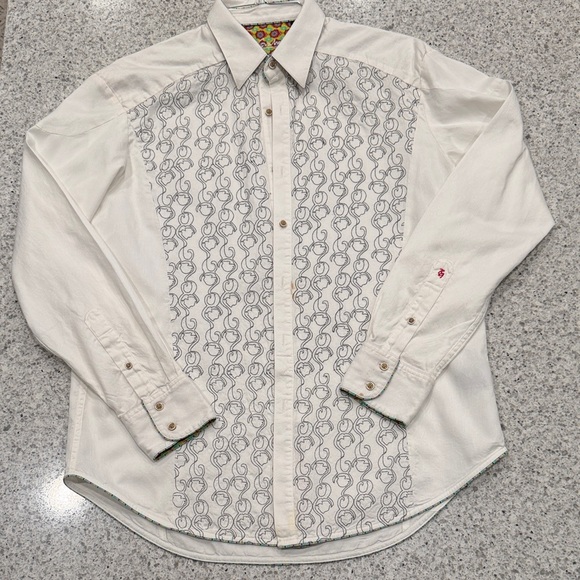 Robert Graham Other - Men's Robert Graham White Patterned Shirt with Flip Cuff Size Large Embroidered